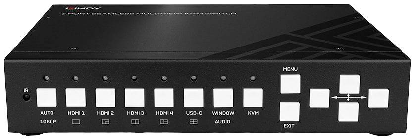 Ein schwarzer KVM-Switch mit mehreren Knöpfen an der Vorderseite für HDMI, USB-C und Audio-Auswahl, sowie einem Menü- und Exit-Knopf.