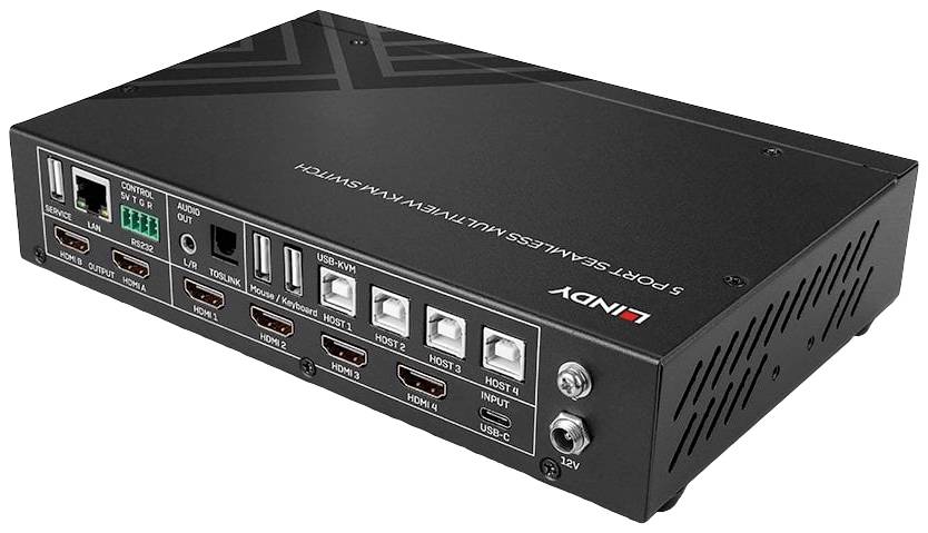 Ein 5-Port HDMI-Switch mit Steuerungstasten und Anschlüssen für HDMI-Eingang und -Ausgang, USB- und Netzwerkanschluss von Lindy.