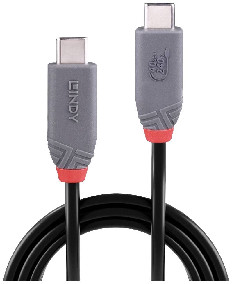 USB-C-Kabel mit grauen Steckern und roten Details, geeignet für 240W Leistung und 40Gbps Datenübertragung.