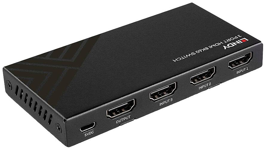 Ein schwarzer HDMI-Switch mit drei Eingängen und einem Ausgang. Seitlich befindet sich ein Anschluss für 5V DC-Stromversorgung.