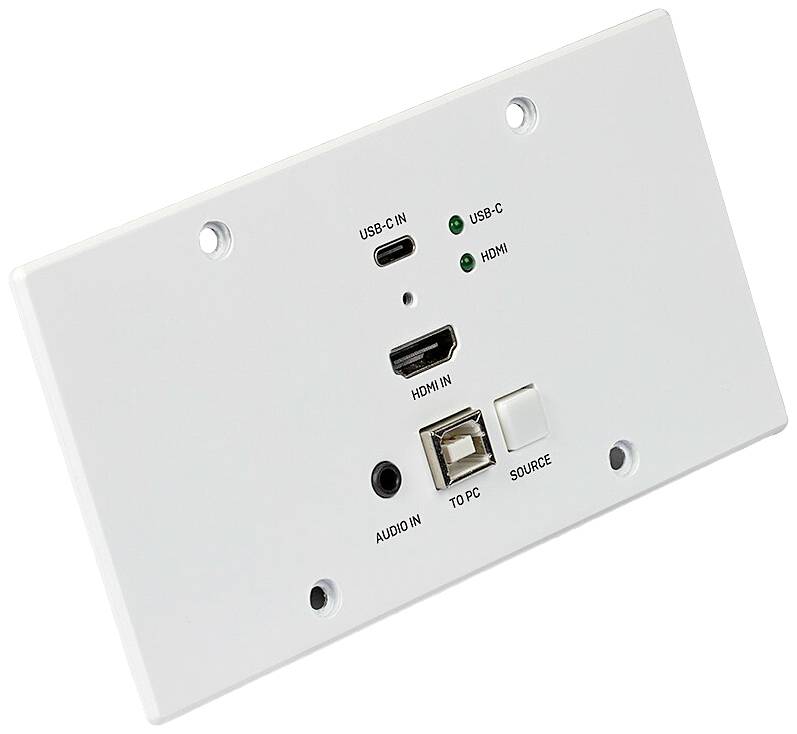 Weiße Wandplatte mit Anschlüssen: zwei USB-C, HDMI, Audio, PC und einer Taste zur Quellenwahl.