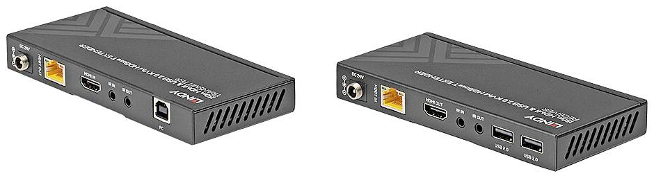 Zwei schwarze elektronische Geräte mit mehreren Anschlüssen, einschließlich HDMI, USB und Ethernet, auf weißem Hintergrund.