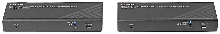 Zwei schwarze Datenübertragungsgeräte von LINDY mit HDMI- und USB-Anschlüssen, jeweils mit Power- und Link-LED-Anzeigen.