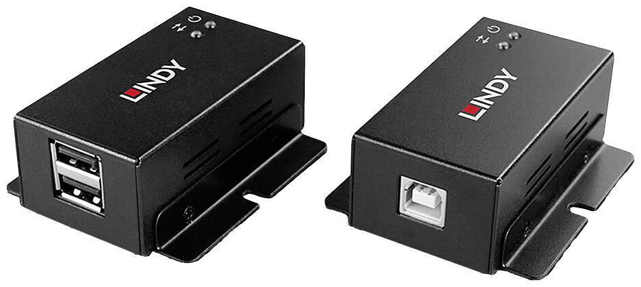 Zwei schwarze LINDY USB-Extender-Boxen, eine mit zwei USB-Anschlüssen, die andere mit einem USB-Anschluss für die Erweiterung von USB-Signalen.