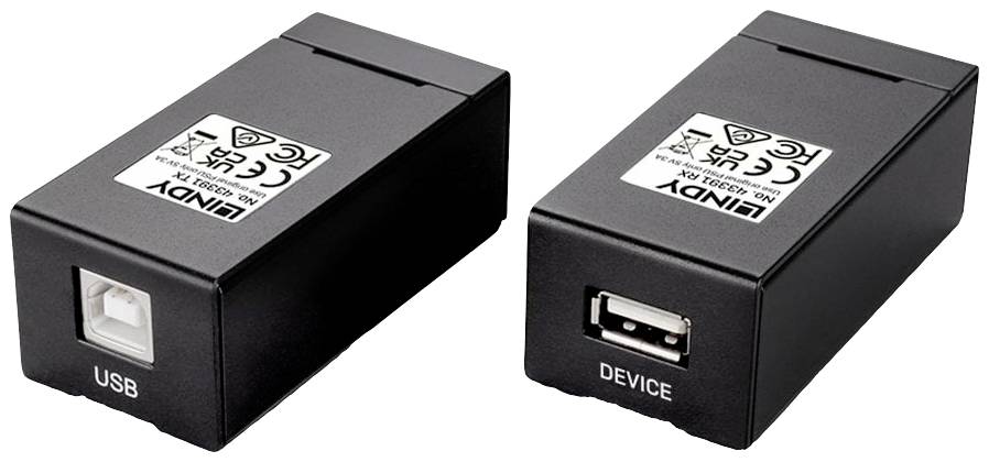 Zwei schwarze USB-Adapter mit Beschriftungen und Anschlüssen für USB-Kabel. Der linke Adapter zeigt 'USB', der rechte 'DEVICE'.