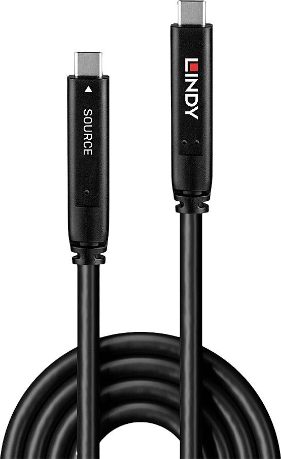 Zwei schwarze Kabel mit USB-C-Anschlüssen, einer mit der Aufschrift 'SOURCE'. Der andere Connector hat das Markenlogo aufgedruckt.