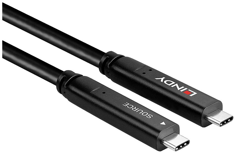 Zwei schwarze USB-C-Kabel mit Beschriftung 'SOURCE' und Markenname. Sie dienen zur Datenübertragung und Stromversorgung.