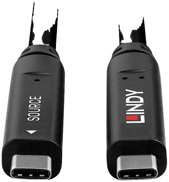 Zwei schwarze USB-C-Kabel, links mit Beschriftung 'SOURCE', rechts mit Beschriftung 'LINDY', beide mit beschädigten Kabelenden.