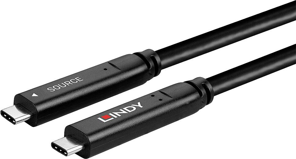 Zwei schwarze USB-C-Kabel mit Beschriftungen 'SOURCE' und 'LINDY', zeigen die Steckrichtung an.