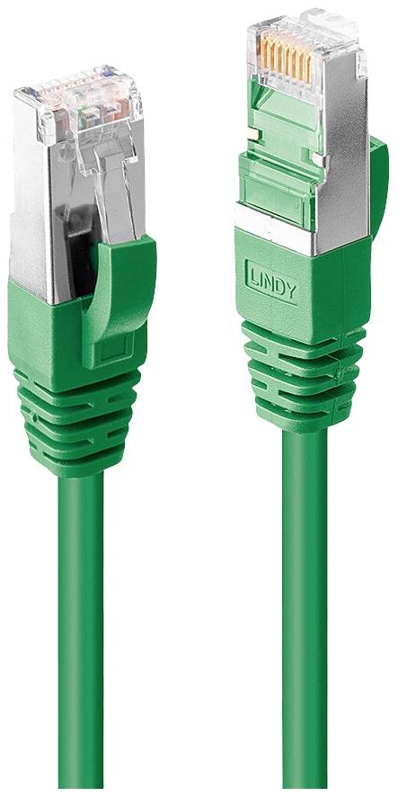 Zwei grüne Ethernet-Kabelstecker mit metallischem Abschluss, nebeneinander stehend.