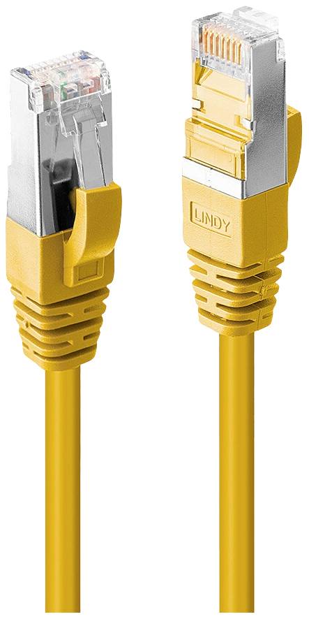 Gelbes Ethernet-Kabel mit Metallabschirmung, RJ45-Stecker beidseitig, Markenname 'Lindy' auf einem Stecker sichtbar.