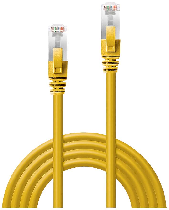 Gelbes Ethernet-Kabel mit zwei RJ45-Steckern, geeignet für Netzwerke. Kabel ist aufgewickelt und zeigt die Steckerenden.