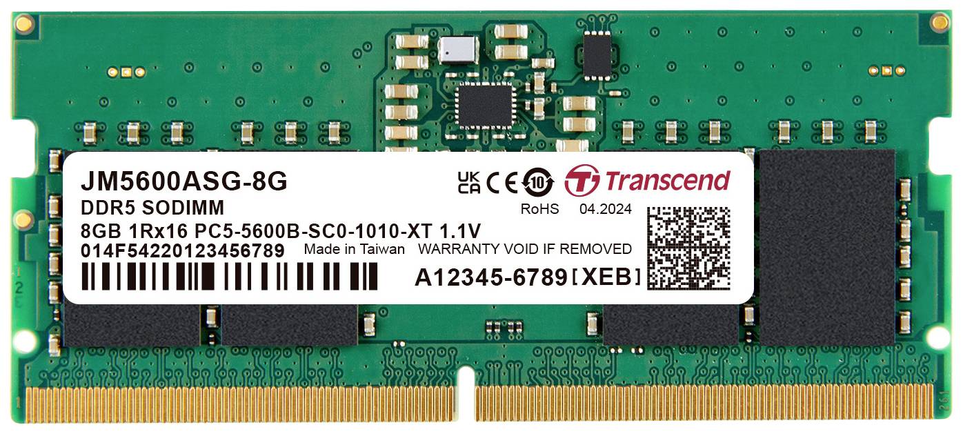 Transcend JM5600ASG-8G PC-Arbeitsspeicher Modul Retail DDR5 8 GB 1 x 8 GB on-die ECC 5600 MHz 262pin SO-DIMM JM5600ASG-8G