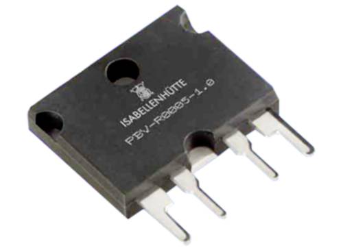 Ein schwarzes elektronisches Bauteil mit fünf Anschlusspins, beschriftet mit 'ISABELLENHÜTTE PBFV-RB085-1.0', liegt schräg auf einer Oberfläche.