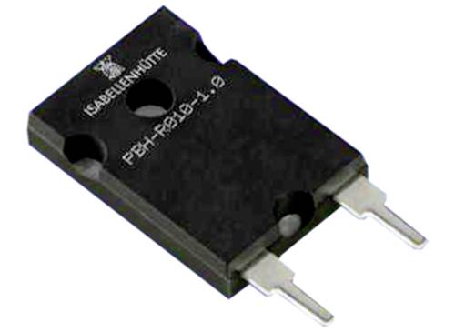 Ein schwarzer elektrischer Widerstand mit zwei Metallanschlüssen liegt auf einer weißen Oberfläche. Auf dem Gehäuse steht 'ISABELLENHÜTTE PEM-R3 0,1-1,9'.