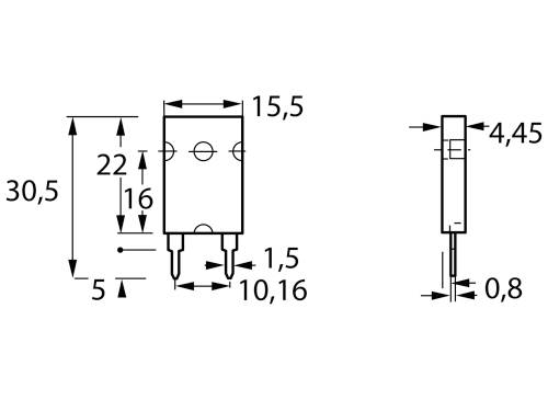 Bauplan eines elektronischen Bauteils mit Maßen: Höhe 30,5mm, Breite 15,5mm, Tiefe 4,45mm. Pin-Abstand 10,16mm, Montagelöcher 1,6mm Durchmesser.