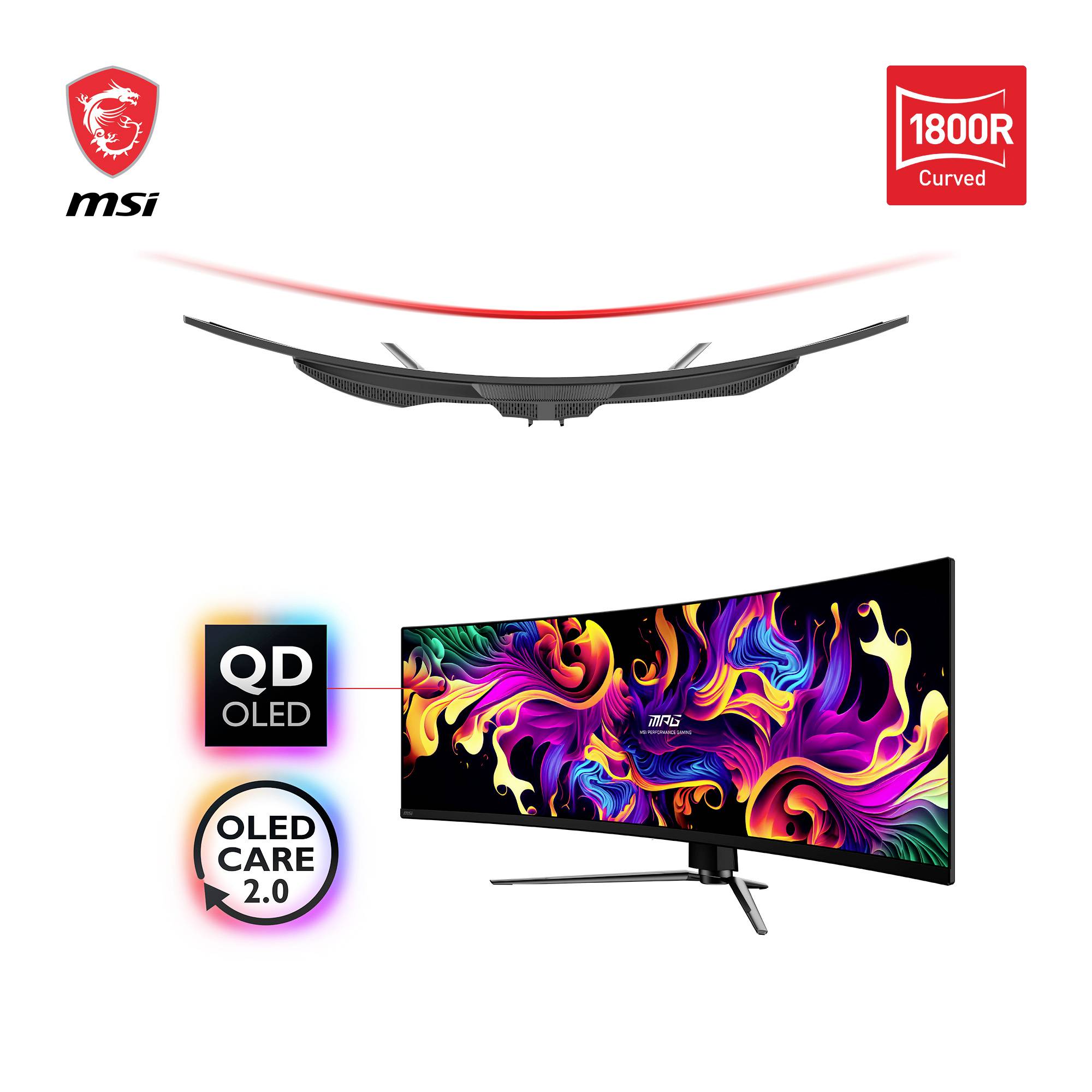 Breiter gebogener Gaming-Monitor von MSI mit lebendigem abstraktem Design auf dem Bildschirm, QD-OLED-Technologie und 1800R Krümmung.