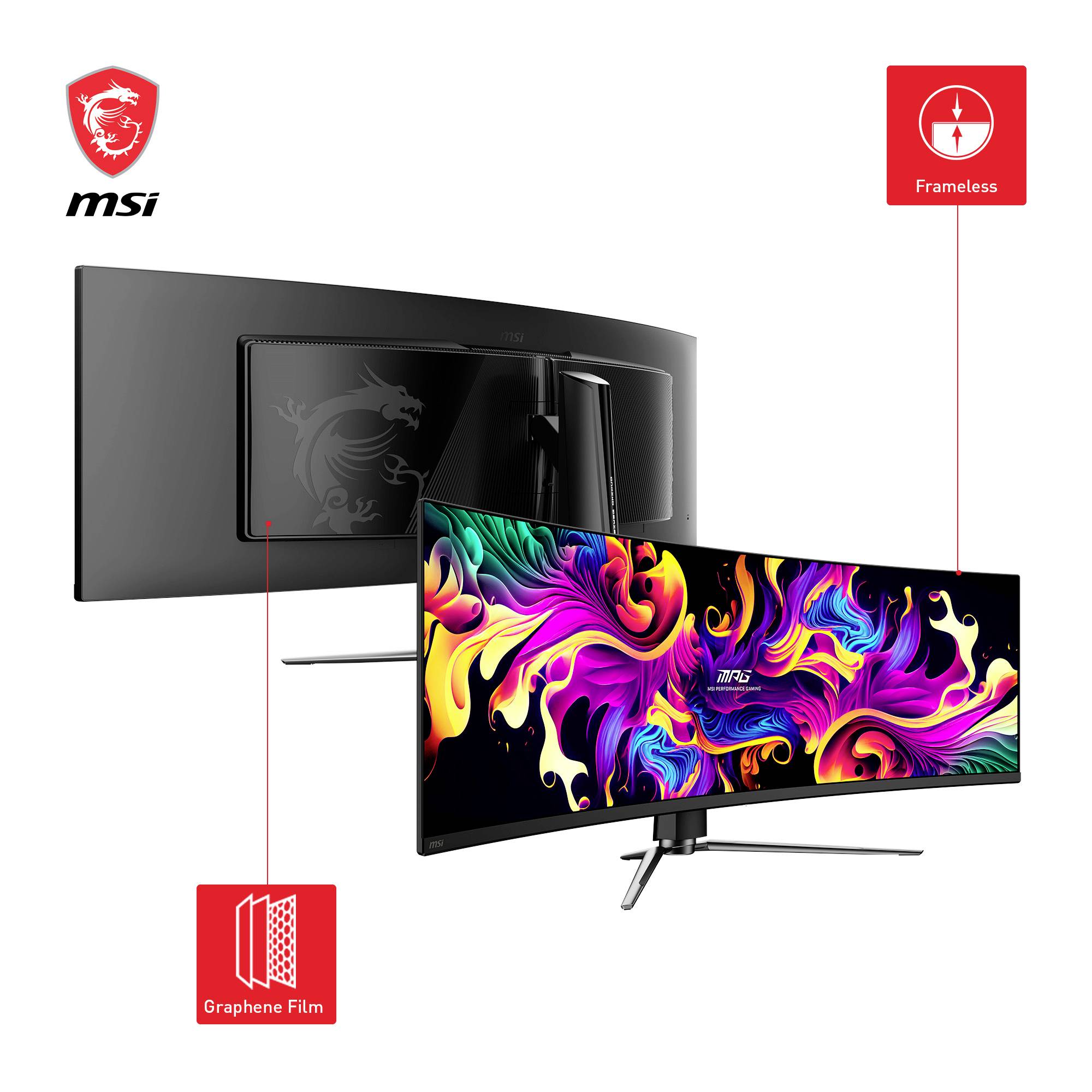 Ultrabreiter MSI-Monitor mit farbenfrohem Bildschirm, gebogener Rahmen, frameless Design und Graphen-Folie-Beschichtung.