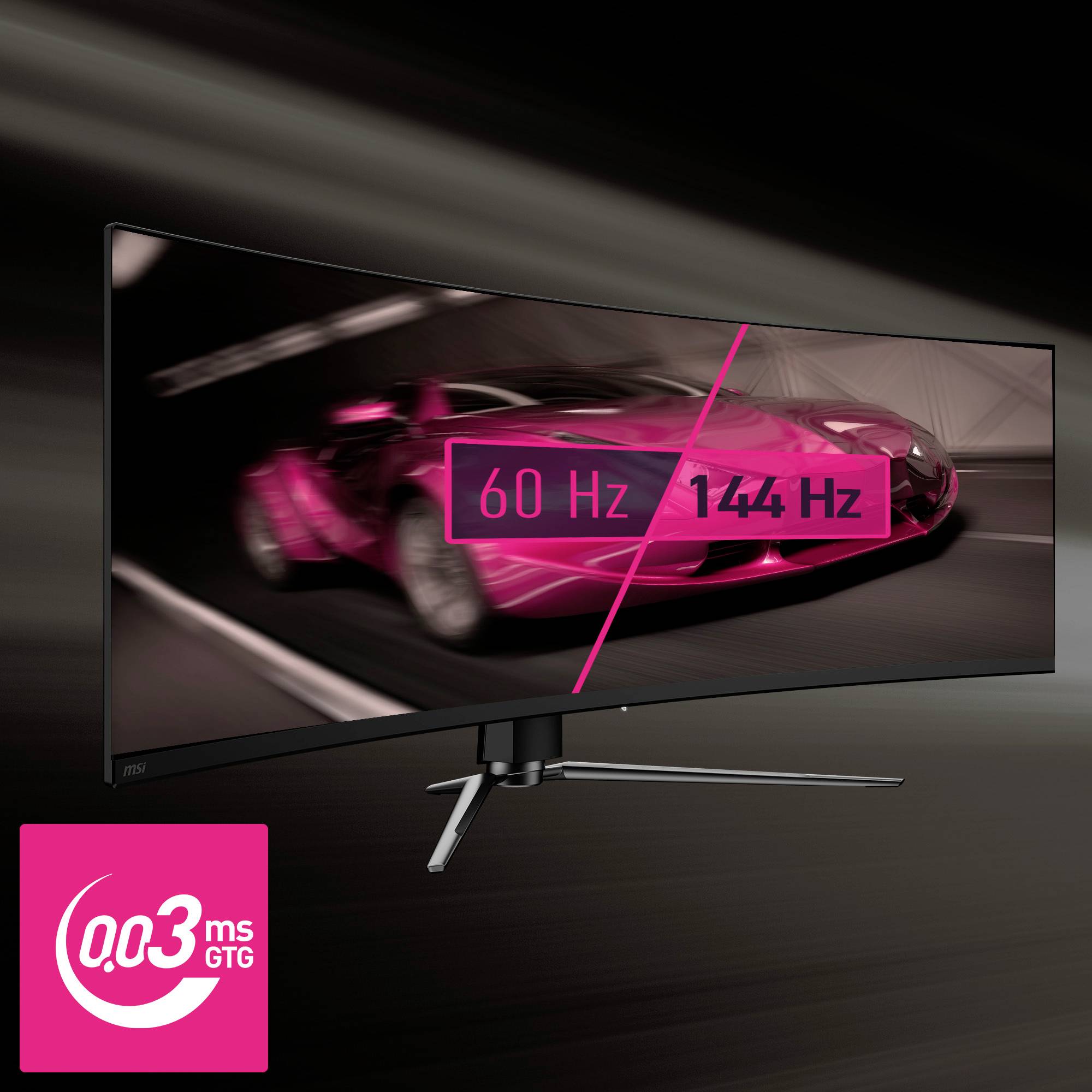 Gekrümmter Monitor mit geteiltem Bild: links unscharfes Auto bei 60 Hz, rechts scharfes Auto bei 144 Hz. Text unten links: '0.03 ms GTG'.