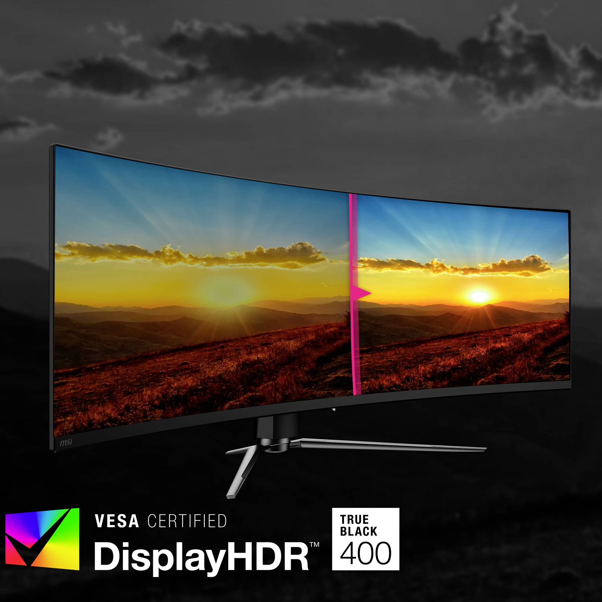 Ein ultrabreiter Monitor zeigt eine Landschaft bei Sonnenuntergang mit lebendigen Farben. Zertifizierungen: VESA DisplayHDR und True Black.