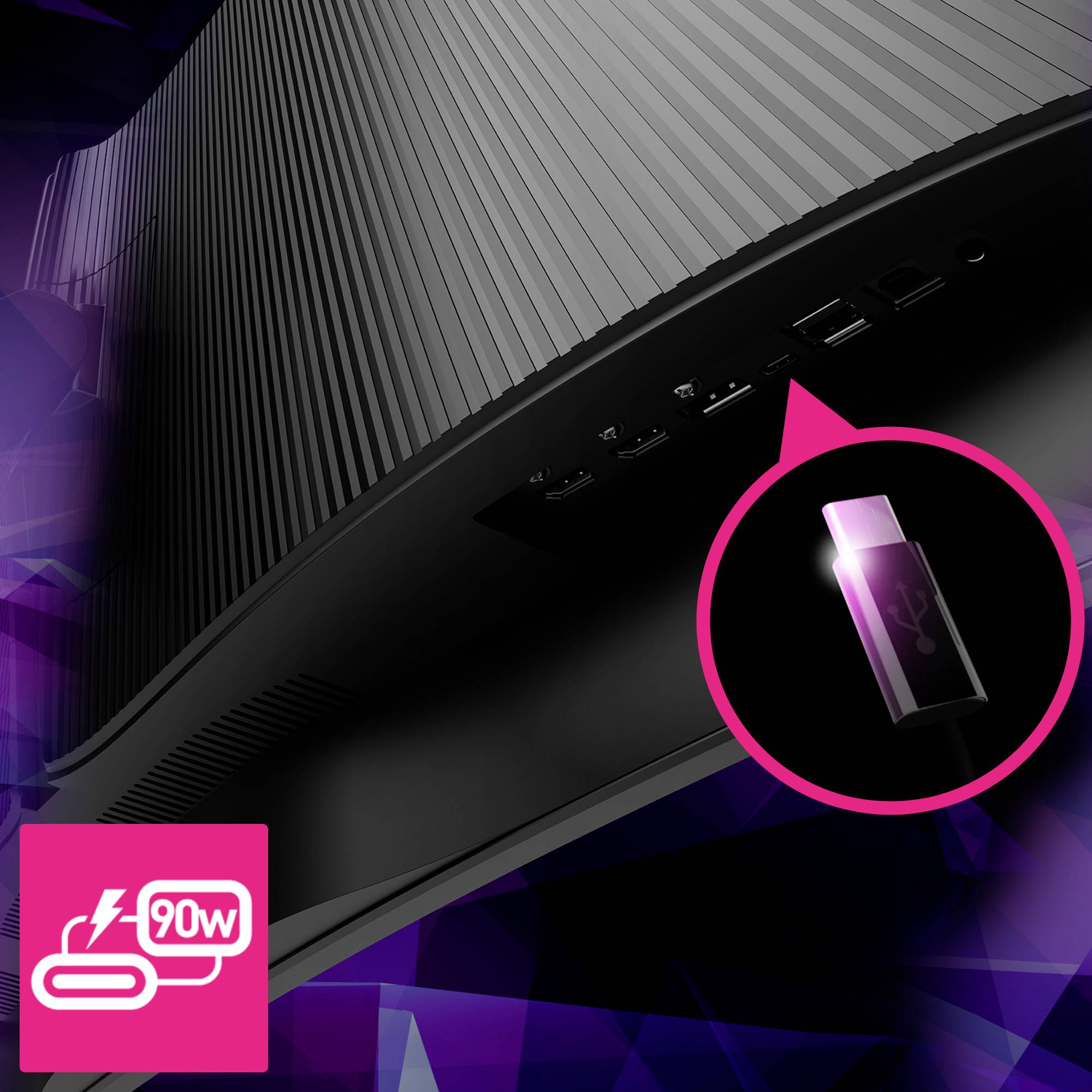 Ein schwarzer Monitor mit mehreren USB-Anschlüssen an der Seite und einem pinken Symbol, das einen USB-Stick mit 90W anzeigt.