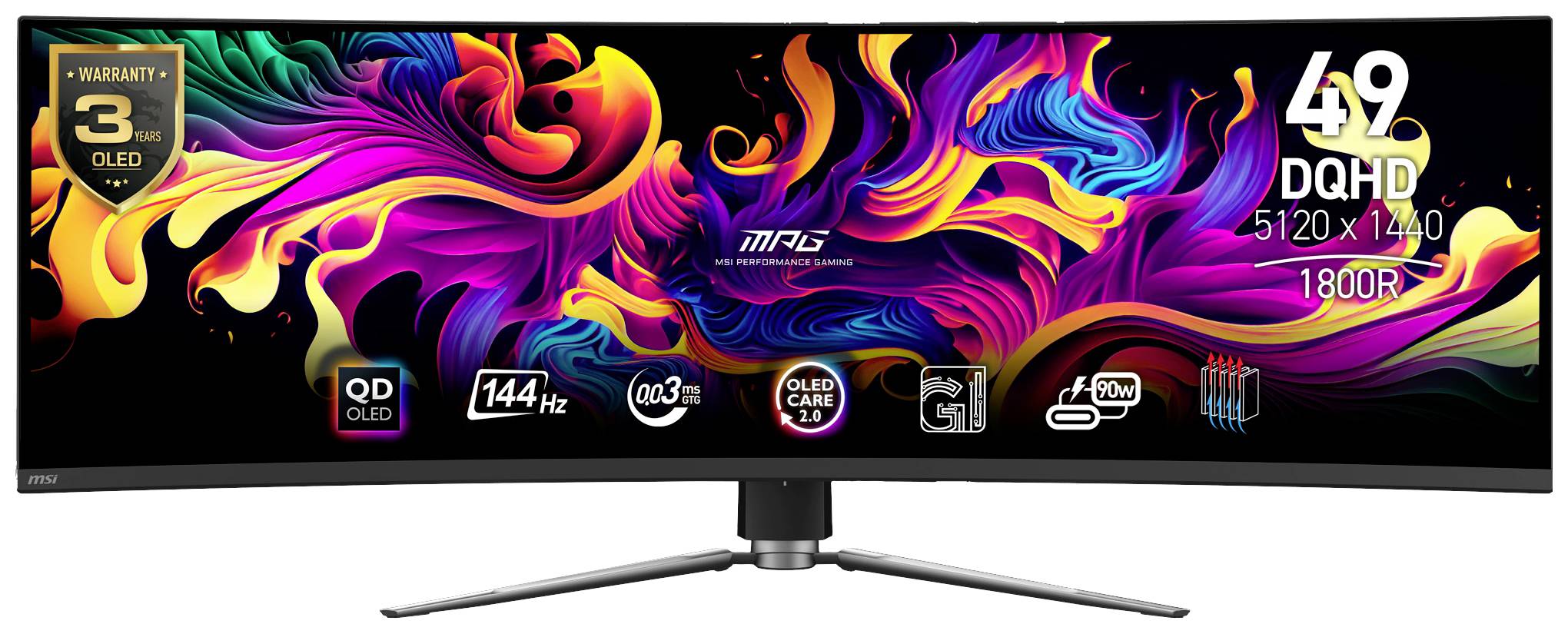 Breiter Monitor mit lebendigem, abstraktem Hintergrund. Anzeigen: '49 DQHD', '3 Jahre Garantie', '144 Hz', 'OLED' und weitere technische Details.