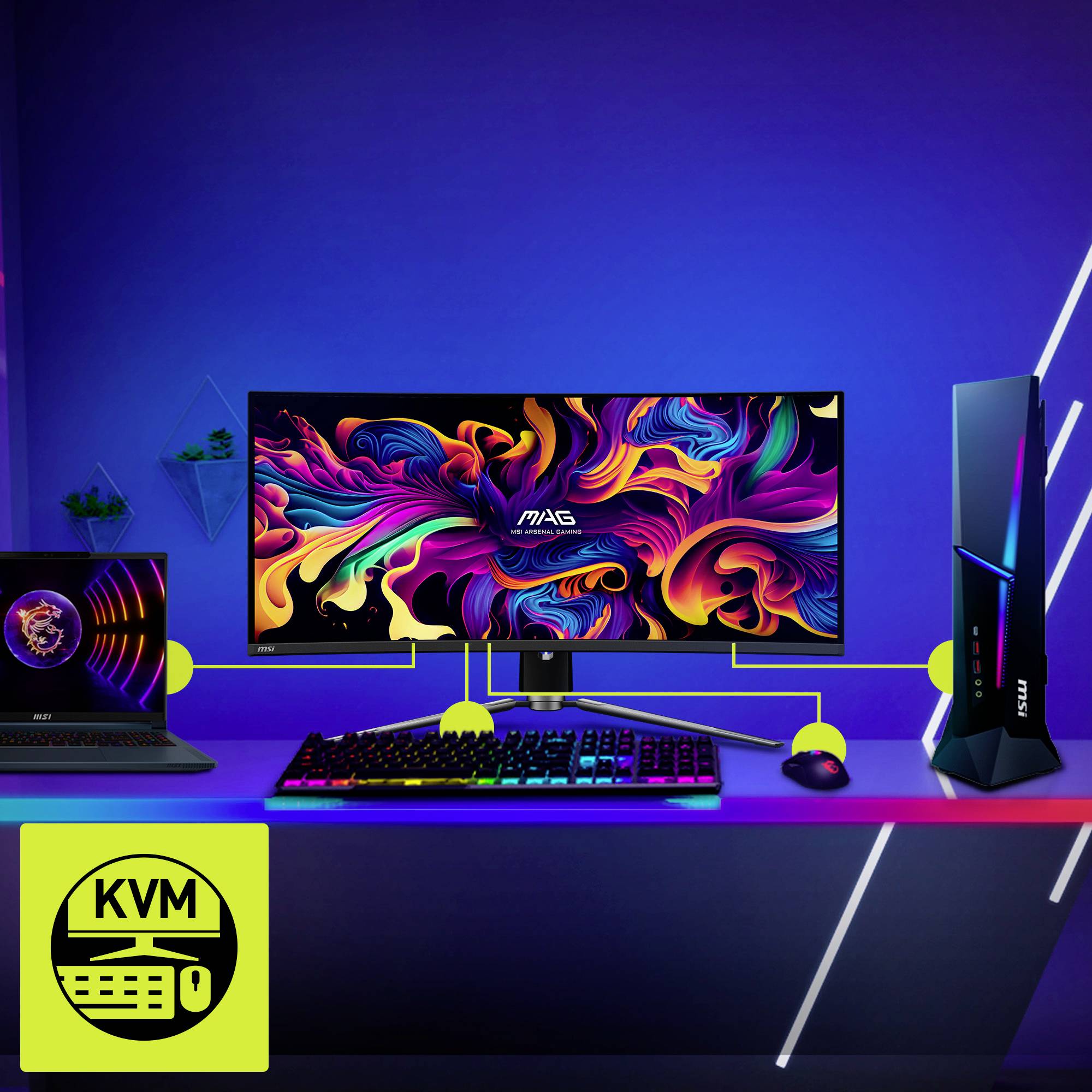 Ein Schreibtisch mit einem Laptop links, einem bunten Monitor in der Mitte und einem PC-Tower rechts. Eine Tastatur und Maus sind darunter. KVM-Symbol links unten.