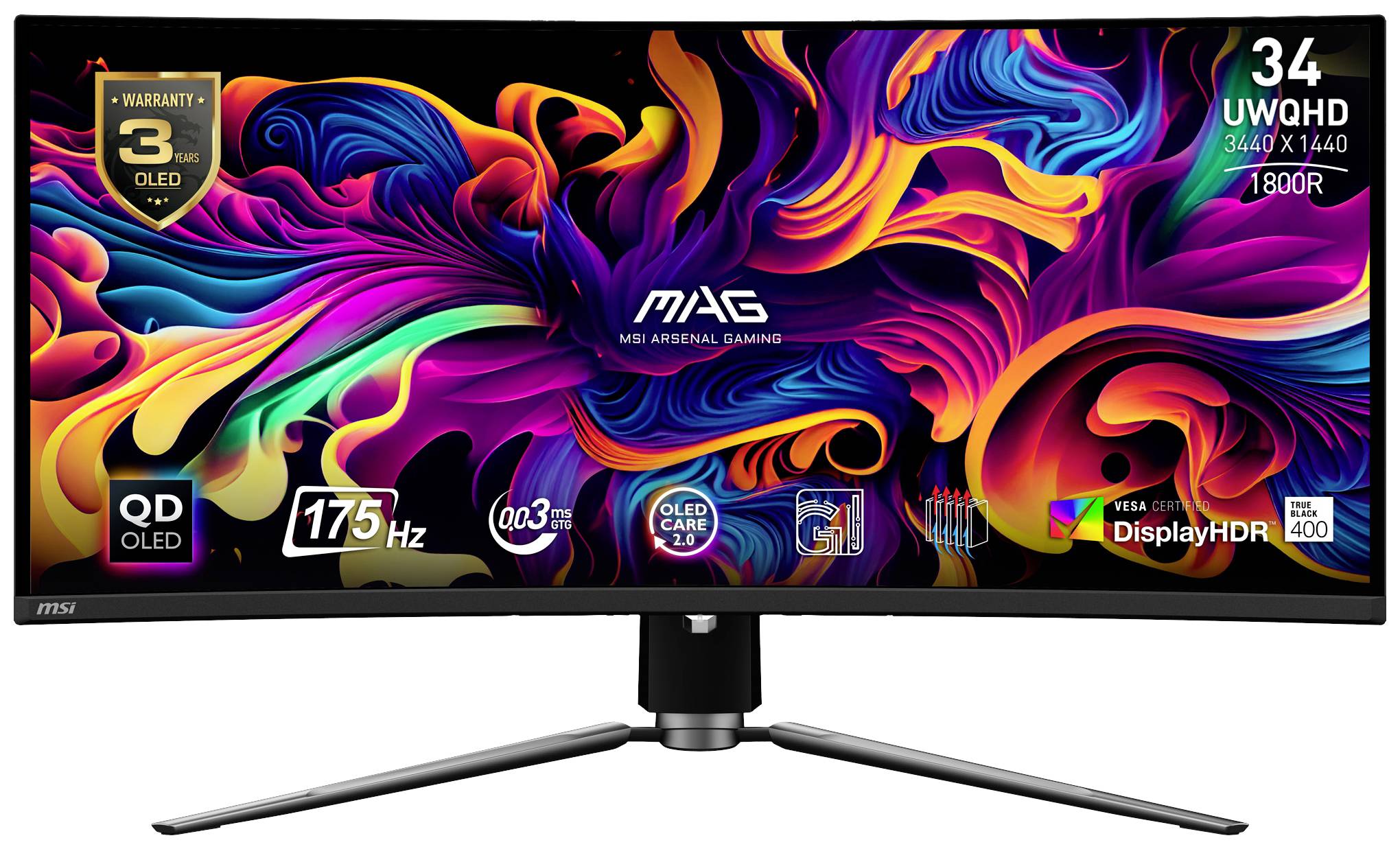 MSI MAG 341CQPDE QD-OLED Gaming Monitor EEK G (A - G) 86.9 cm (34.2 Zoll) 3440 x 1440 Pixel 16:9 0.03 ms HDMI®, DisplayPort, Kopfhörer-Buchse, USB-