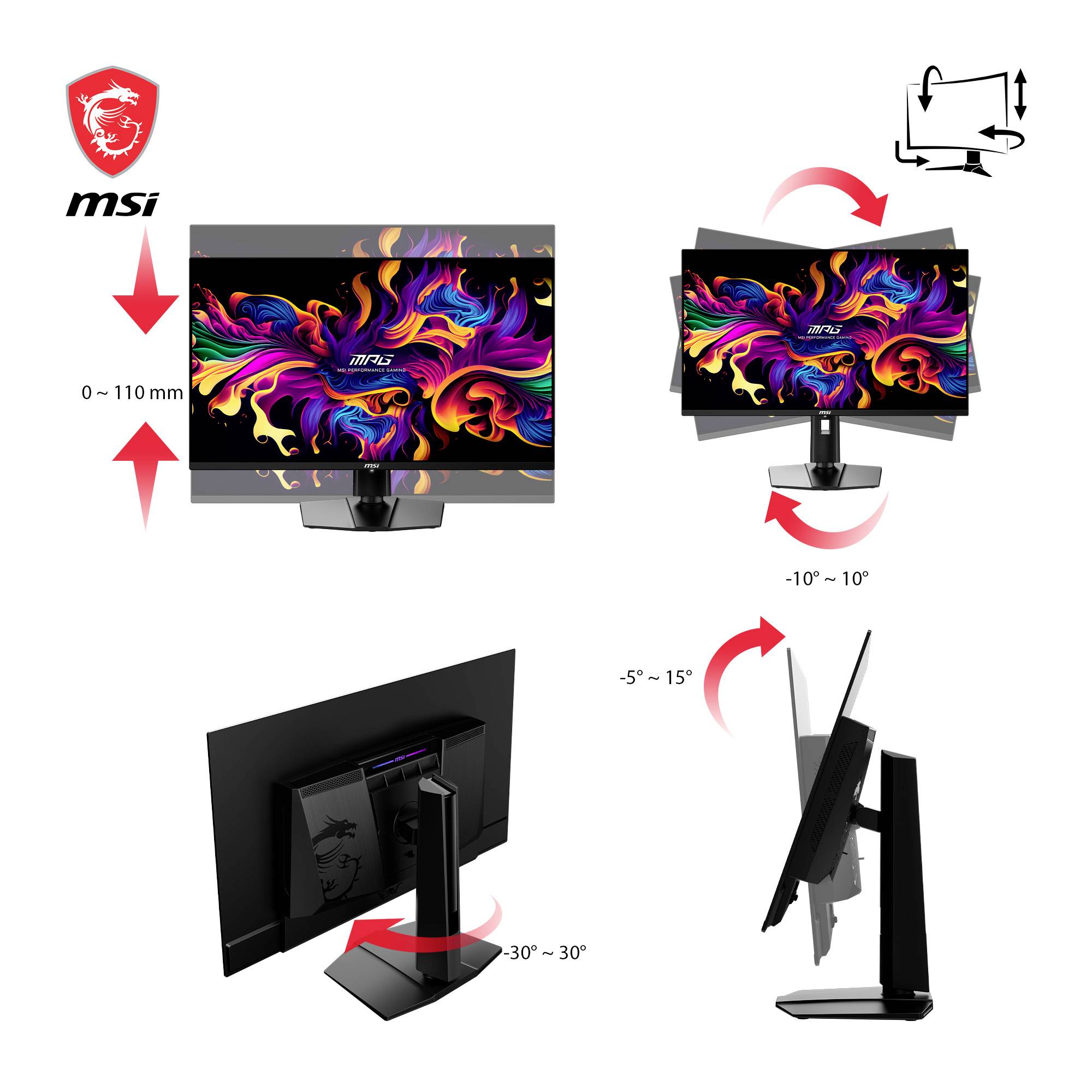 Monitor mit einstellbarer Höhe (0–110 mm), Neigungswinkel (-5° bis 15°) und Drehung (-30° bis 30°). Ideal für flexible Arbeitsplatzanpassungen.