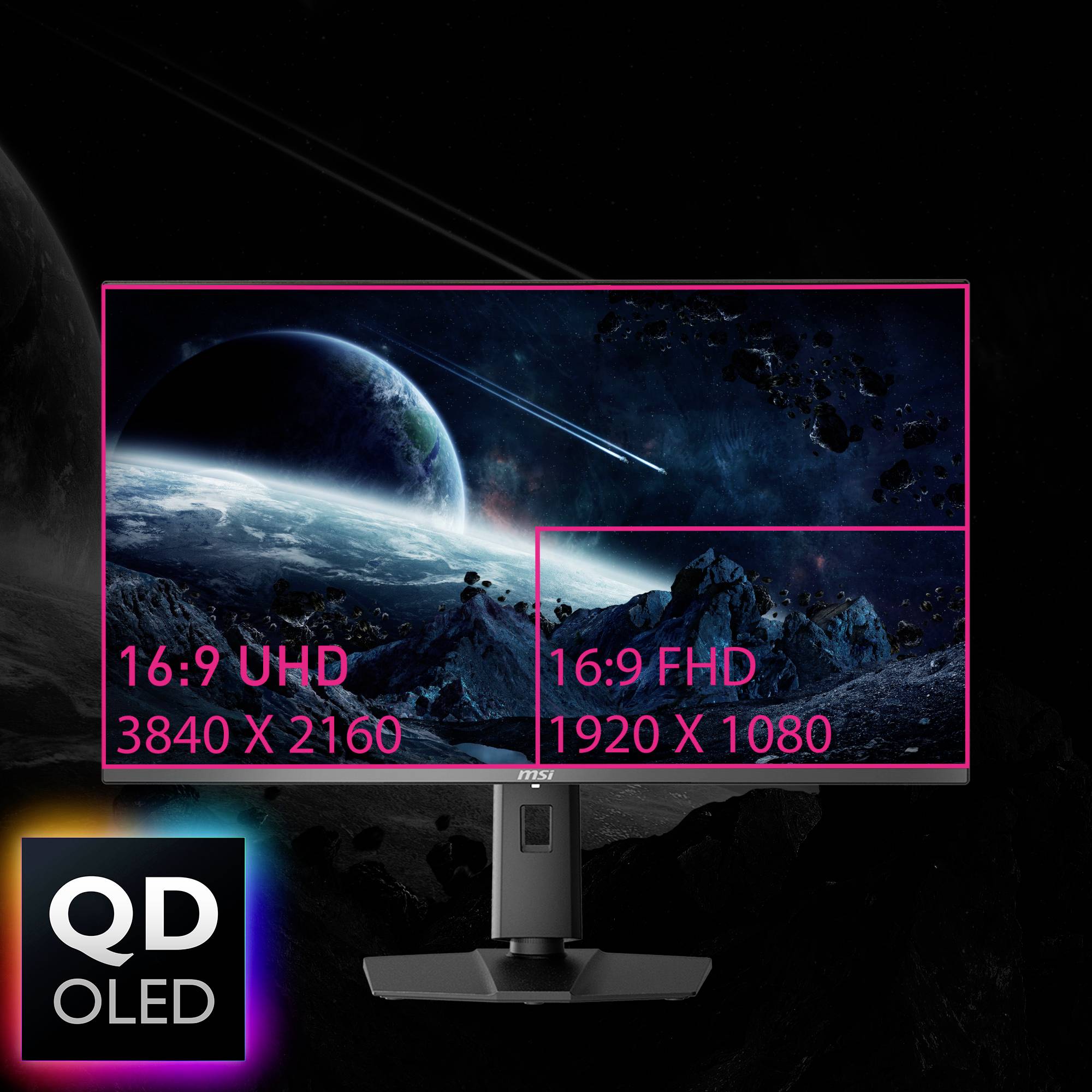 Ein Monitor zeigt einen Weltraumhintergrund mit Planeten. Text: '16:9 UHD 3840 x 2160' und '16:9 FHD 1920 x 1080'. QD-OLED-Logo unten links.