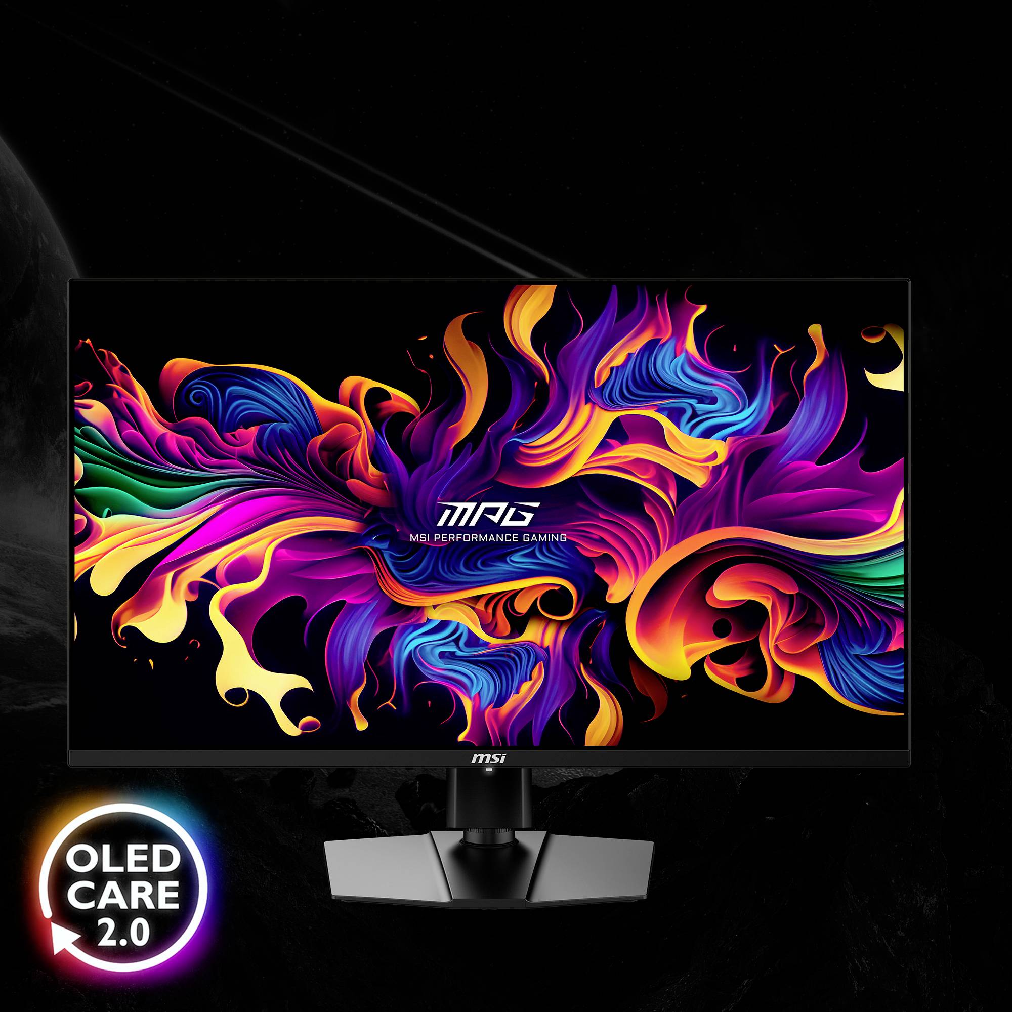 Ein Computermonitor zeigt ein lebendiges, abstraktes Muster in leuchtenden Farben. Unten links steht 'OLED Care 2.0' in einem runden Logo.