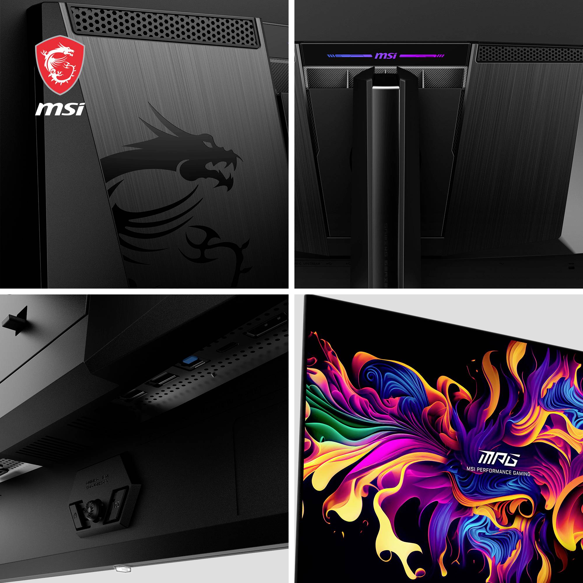 MSI-Monitor mit RGB-Beleuchtung und dynamischem, farbenfrohem Muster auf dem Bildschirm, zeigt modernes Design mit Drachenlogo.