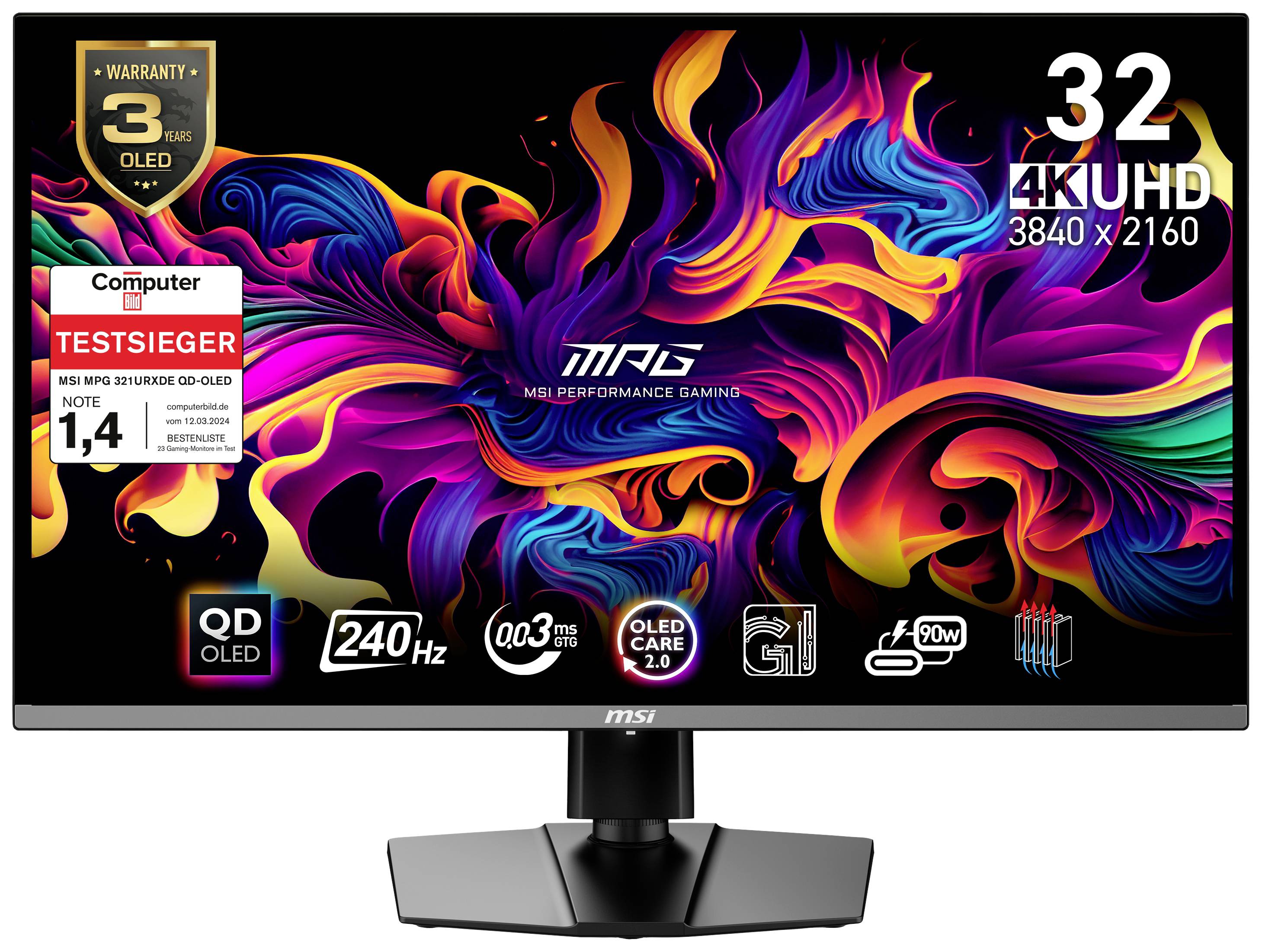 Ein Computer-Bildschirm zeigt farbenfrohe, abstrakte Kunst. Oben rechts: '32 4K UHD 3840 x 2160'. Links oben: '3 Jahre Garantie'.