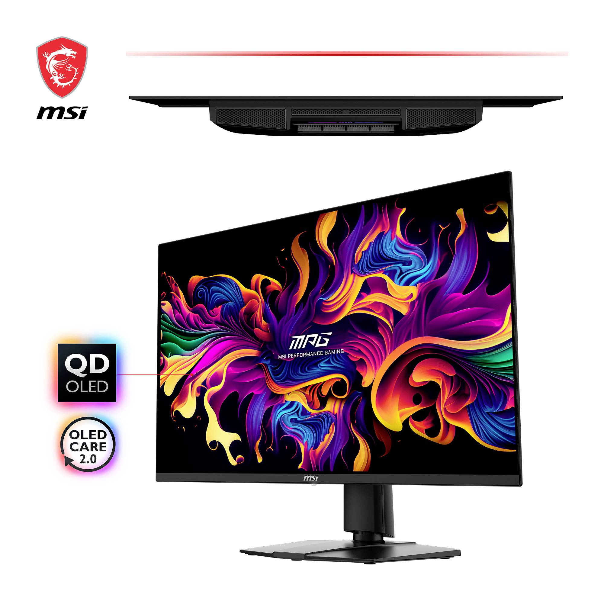 Ein MSI-Monitor mit lebendigem, abstraktem Design auf dem Bildschirm, zeigt QD OLED-Technologie. Oben ist das MSI-Logo sichtbar.