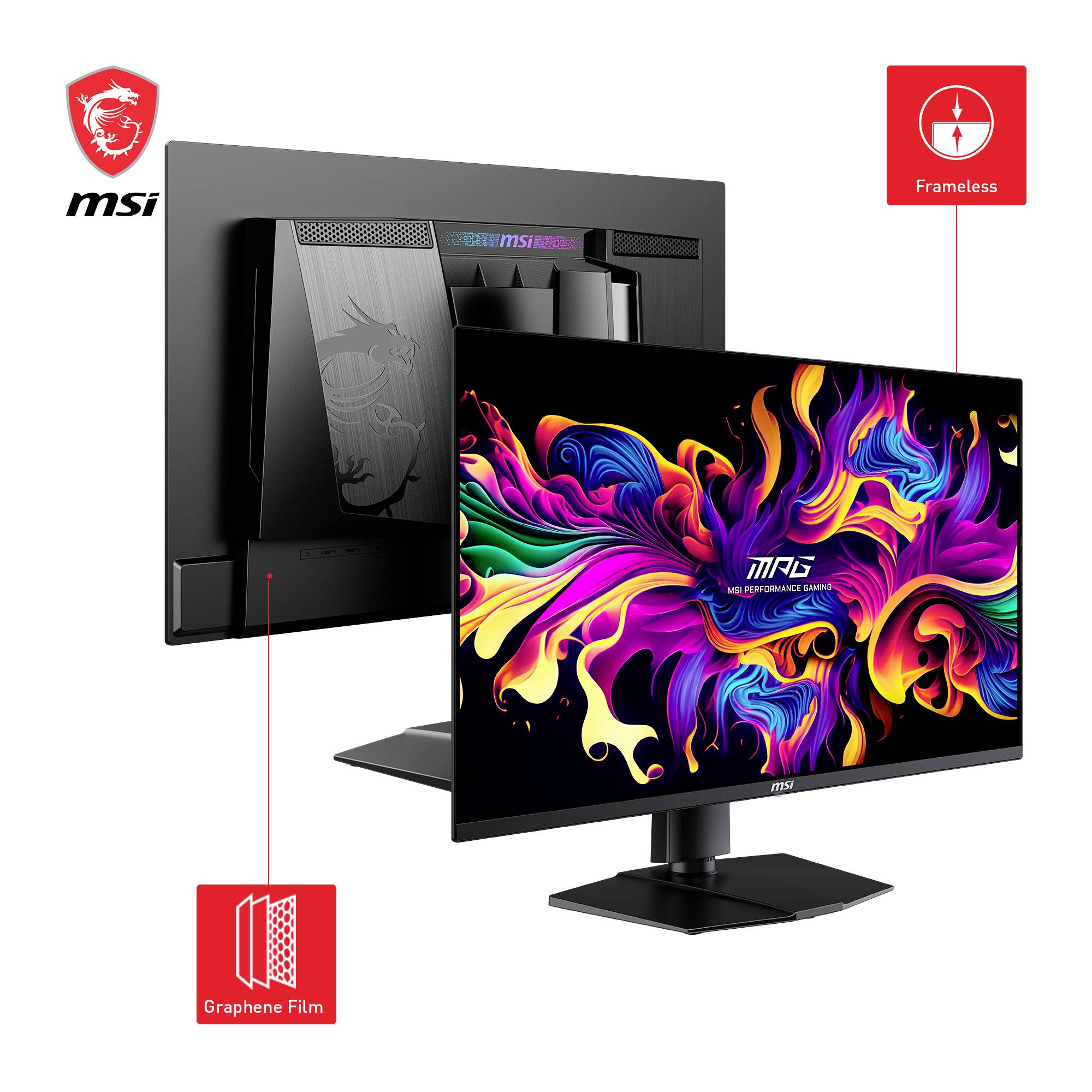 Ein schwarzer Monitor von MSI mit buntem, abstraktem Bild auf dem Bildschirm. Details: 'Frameless' Design und 'Graphene Film'.