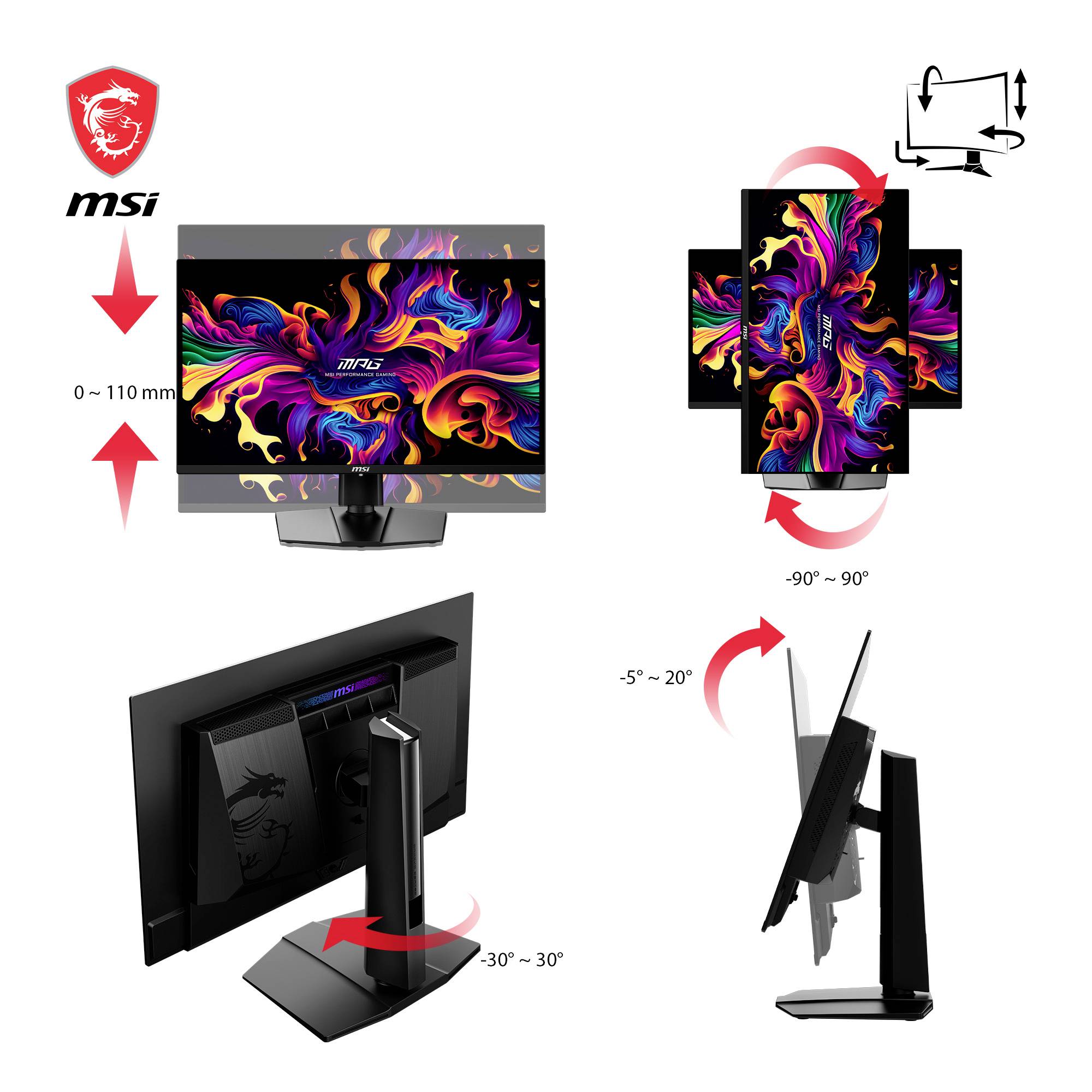 Der Monitor von MSI zeigt ein buntes, abstraktes Bild. Er ist höhenverstellbar und um 90° in beide Richtungen drehbar.