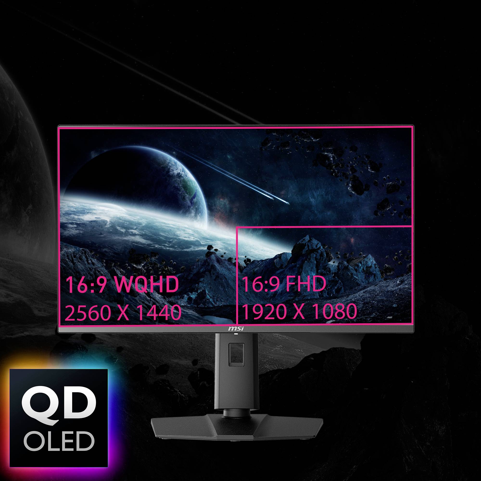 Monitor mit Planet auf Bildschirm, zeigt Vergleich zwischen 16:9 WQHD (2560 x 1440) und 16:9 FHD (1920 x 1080). QD OLED-Logo unten links.