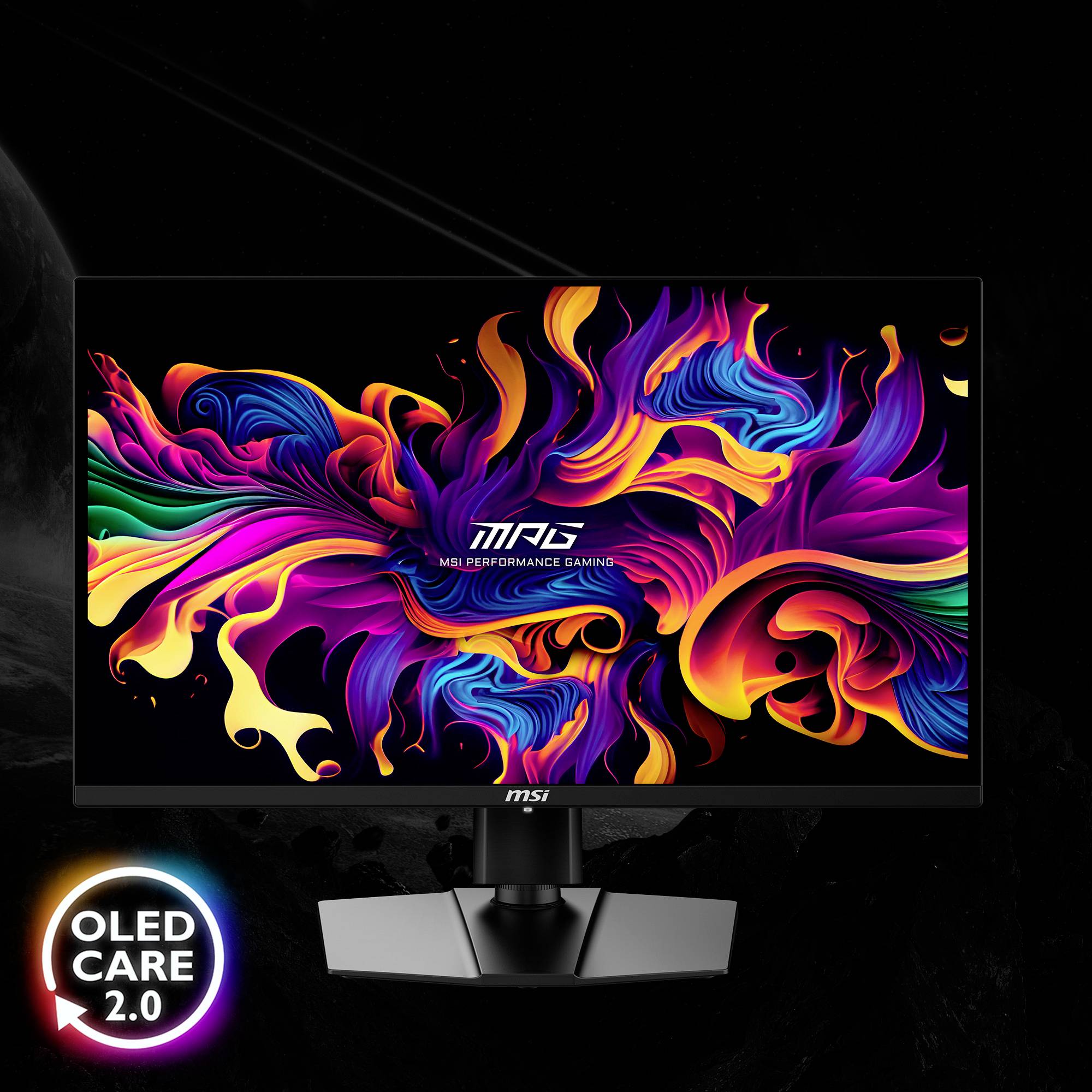 Ein farbenfroher Monitorbildschirm zeigt ein abstraktes, lebhaftes Muster. Unten links steht 'OLED CARE 2.0' in einem runden Emblem.