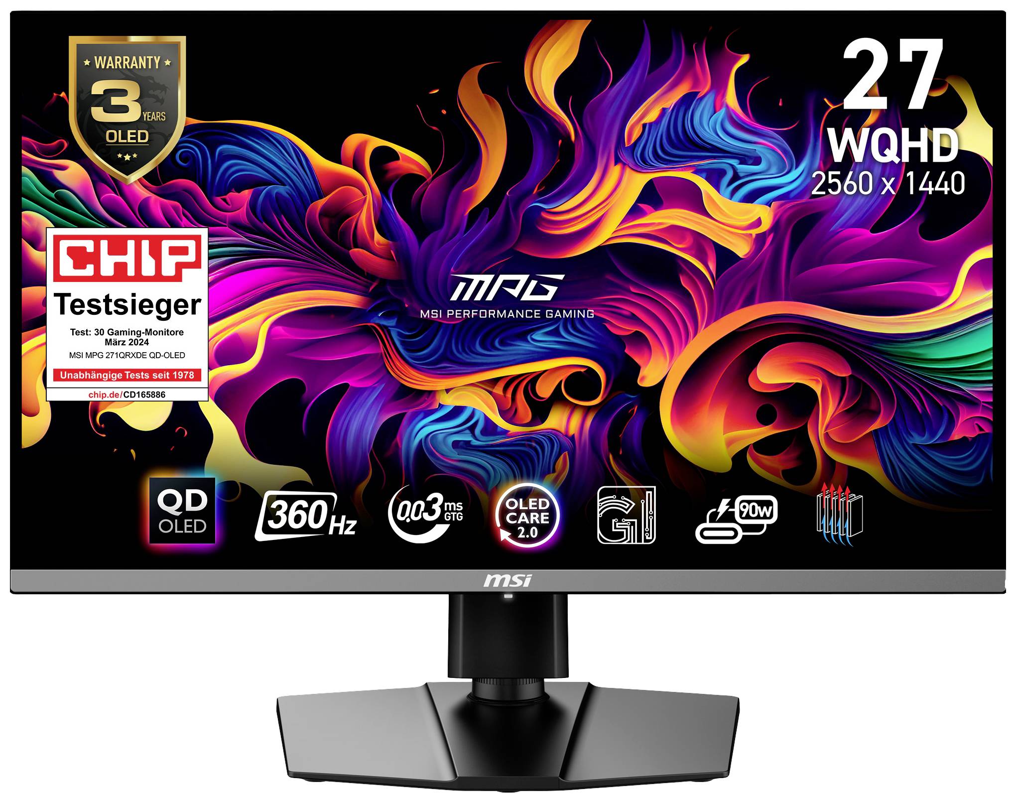 Ein Monitor von MSI mit 27 Zoll und WQHD-Auflösung (2560 x 1440). Er hat eine Garantie von 3 Jahren und ist ein Testsieger.