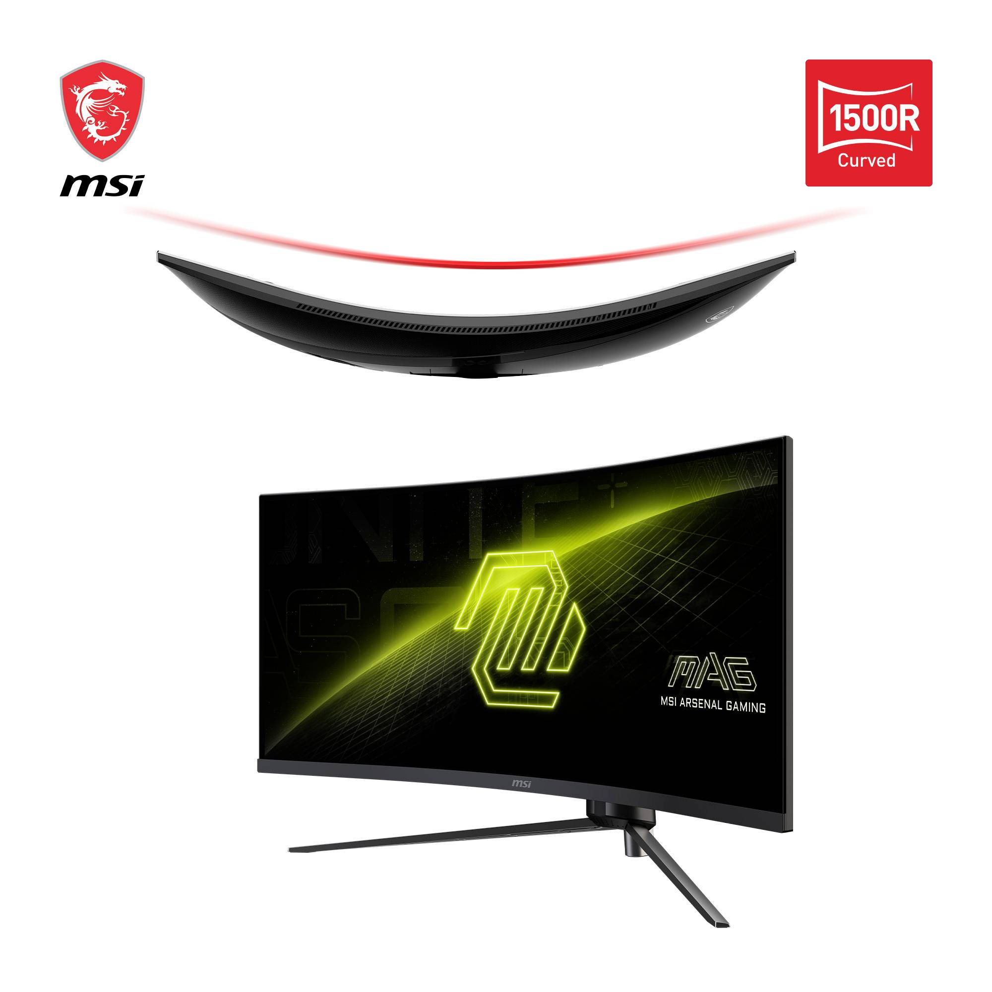 Ein gebogener MSI-Gaming-Monitor mit einer Krümmung von 1500R, zeigt ein leuchtendes, grünes Design auf dem Bildschirm.