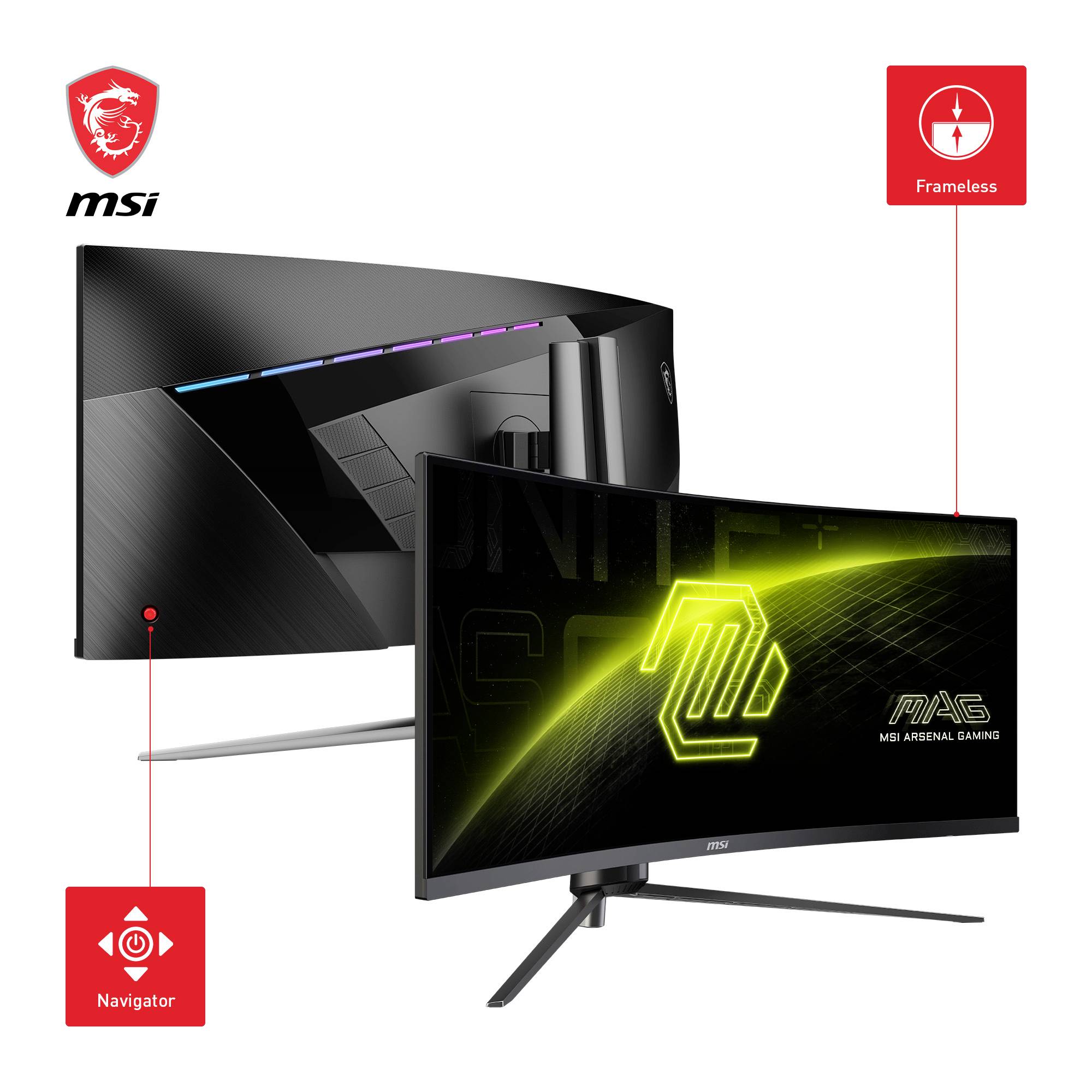 Ein gebogener MSI Gaming-Monitor zeigt ein futuristisches Interface auf dem Bildschirm, mit betonten Funktionen 'Navigator' und 'Frameless'.