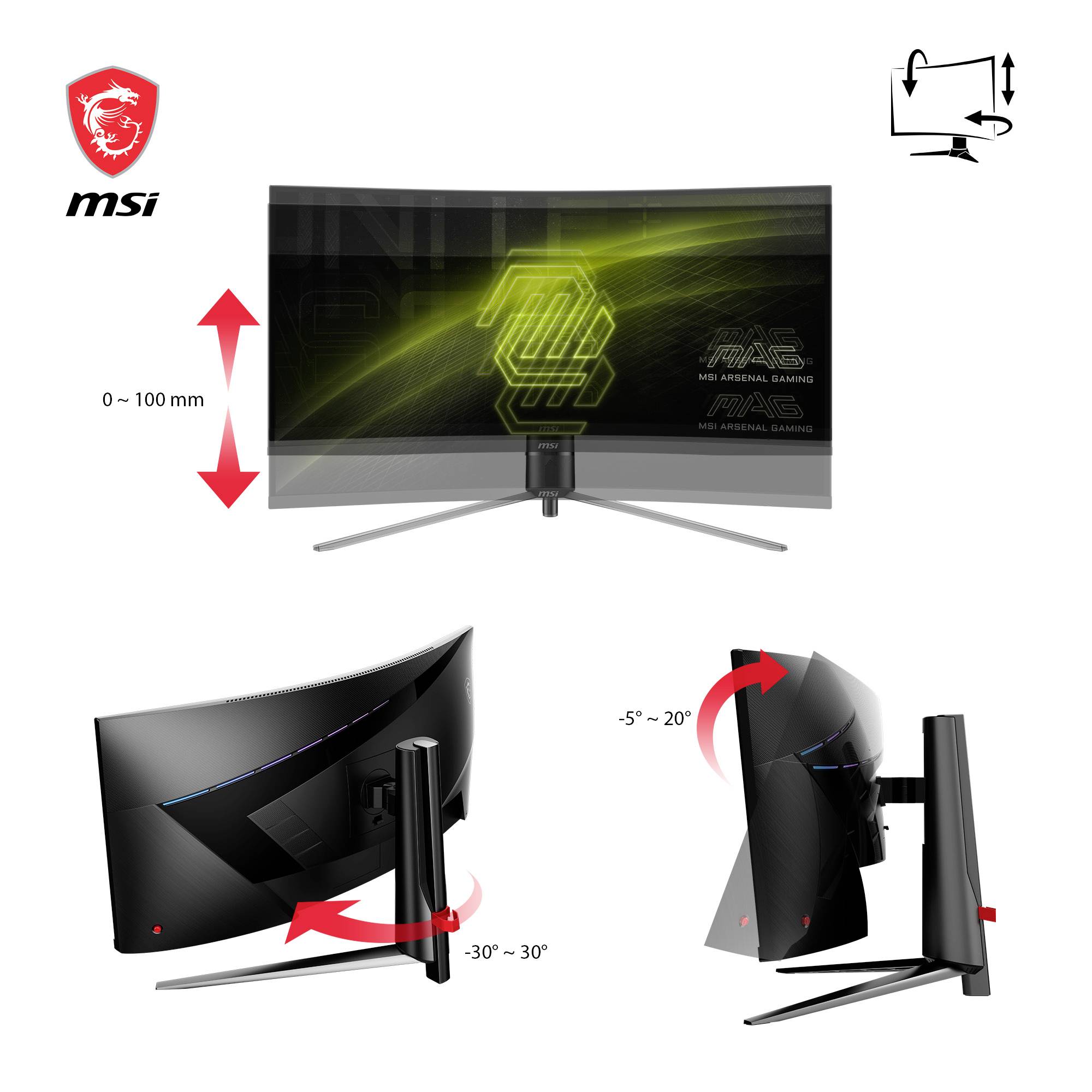 Ein gekrümmter MSI Gaming-Monitor zeigt Höhenverstellung (0-100 mm), seitliche Neigung (-30° bis 30°) und vertikale Schwenkung (-5° bis 20°).