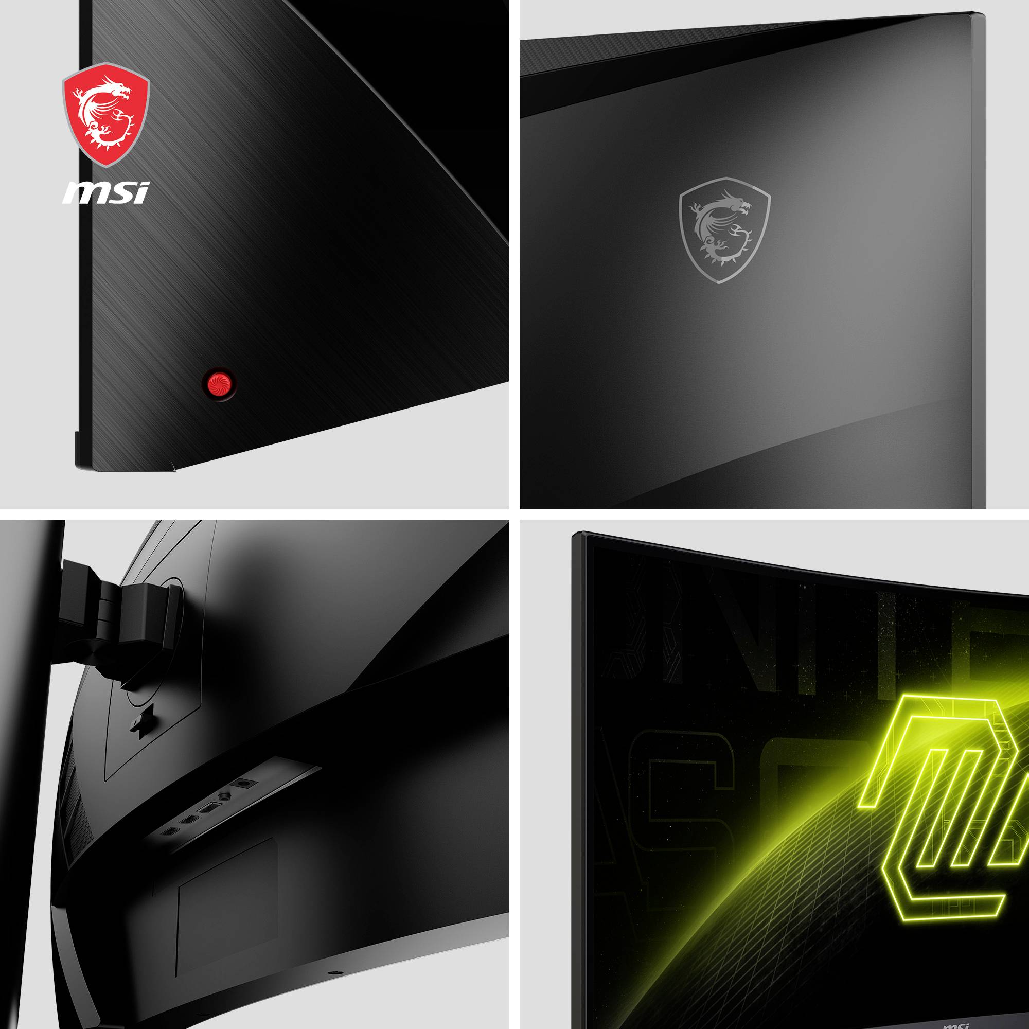 Vier Bilder von Computergehäusen, jedes mit einem MSI-Logo und unterschiedlichen Perspektiven und Lichtreflexionen.