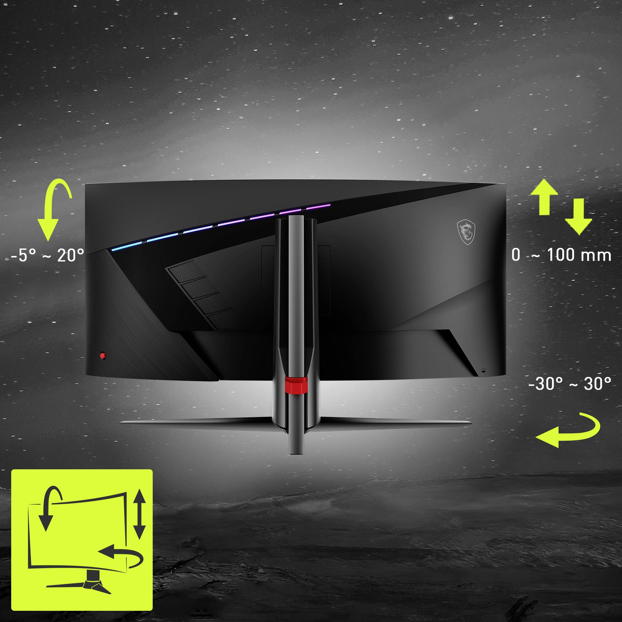 Rückseite eines Computermonitors mit Höhenverstellbarkeit (0-100 mm) und Neigungsverstellung (-5° bis 20°), drehbar von -30° bis 30°.