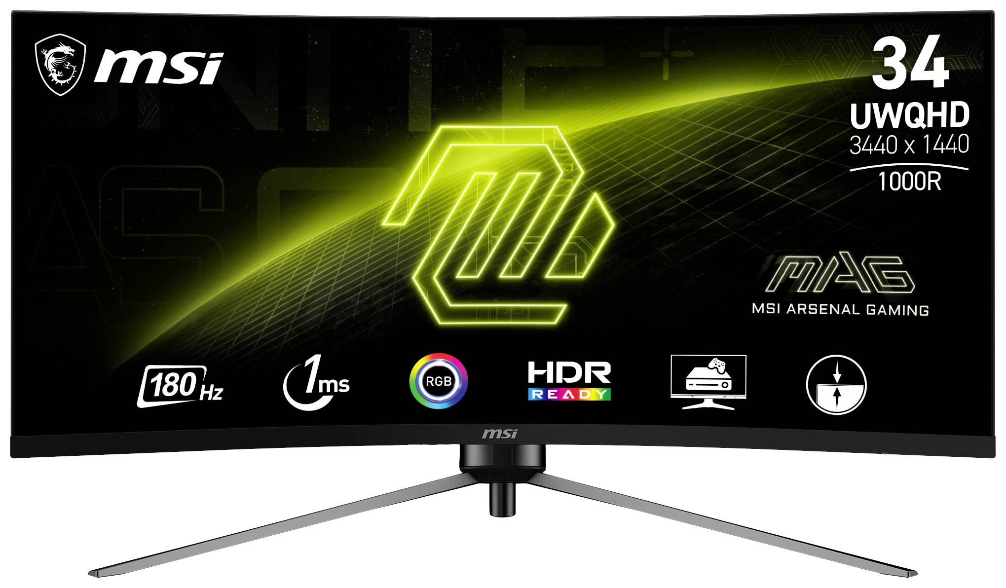 'MSI' Gaming-Monitor mit gebogenem 34-Zoll-Display, Auflösung 3440 x 1440, 180 Hz, 1 ms Reaktionszeit, RGB, HDR bereit, 1000R Krümmung.
