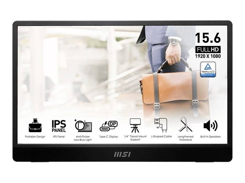 Ein Laptop zeigt Werbesymbole: '15.6 Full HD 1920 x 1080', 'Portable Design', 'IPS Panel', 'Anti-Flicker', 'Type-C Display', 'VESA Mount', 'Built-in Speakers'.
