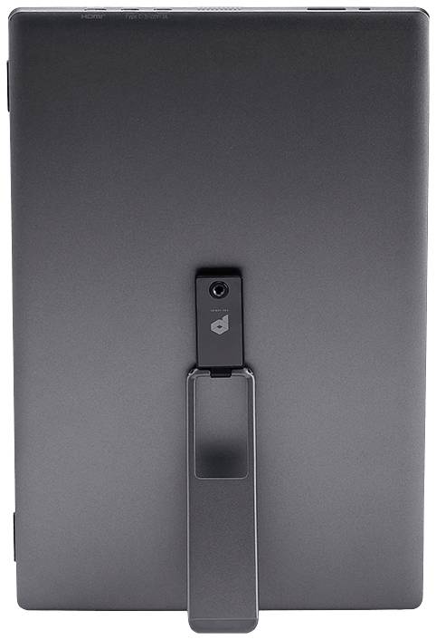 Rückansicht eines elektronischen Geräts mit ausklappbarem Standfuß, vermutlich ein Tablet. Der Standfuß ermöglicht aufrechte Positionierung.
