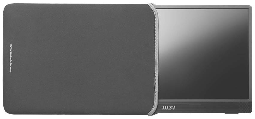 'MSI'-Monitor mit teilweise geschütztem Display in einer schwarzen Schutzhülle. Bildschirm ist grau und glänzend.