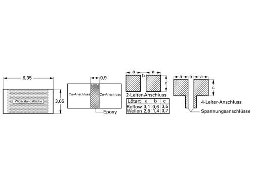 Diagramm von Lötanschlüssen mit Maßen in Millimetern. Zeigt 2-Leiter- und 4-Leiter-Anschlüsse mit spezifischen Layouts und Abständen.