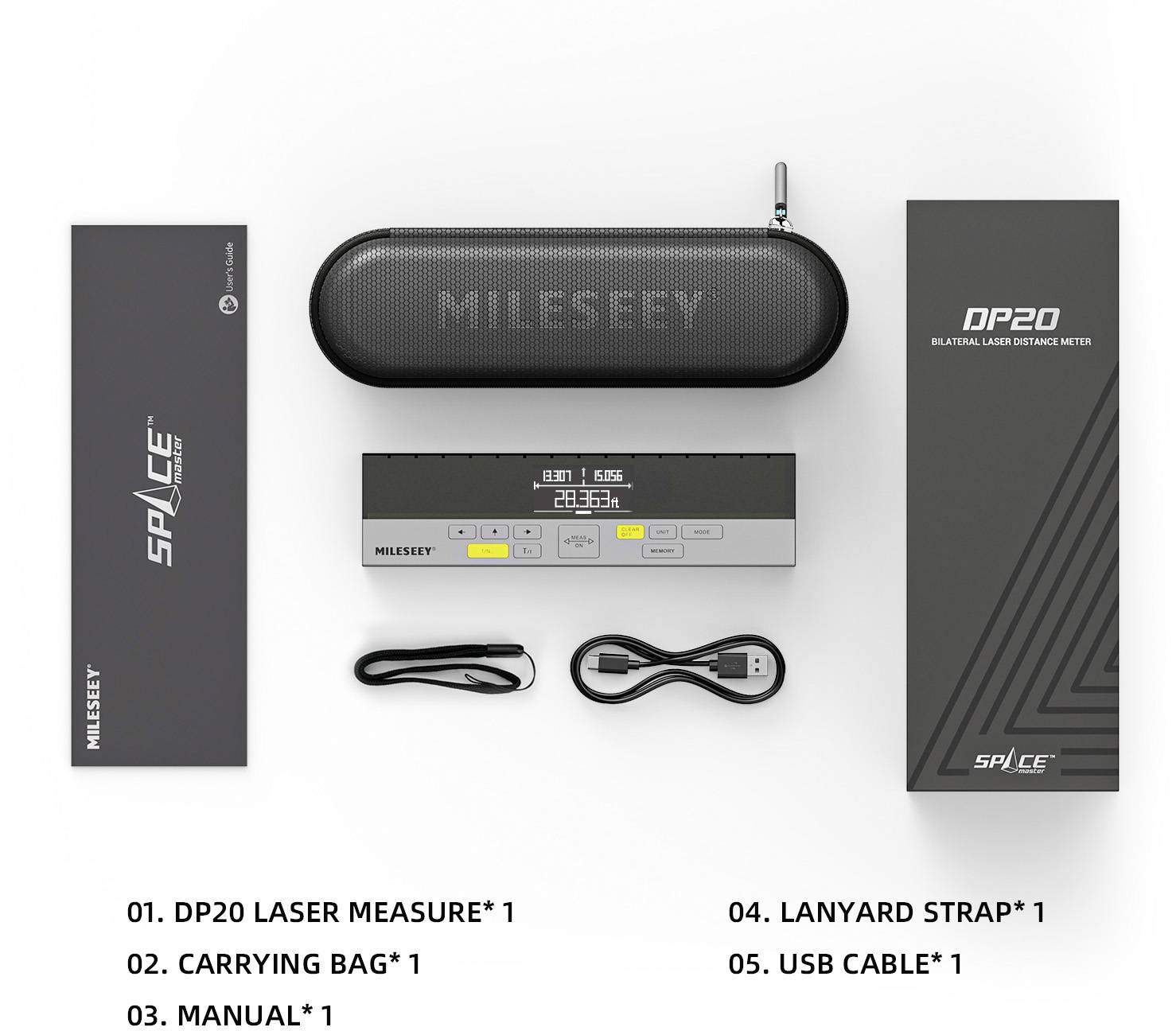 Laser-Entfernungsmesser-Set bestehend aus: DP20 Laser-Messgerät, Tragetasche, Bedienungsanleitung, Lanyard-Schlaufe, USB-Kabel.